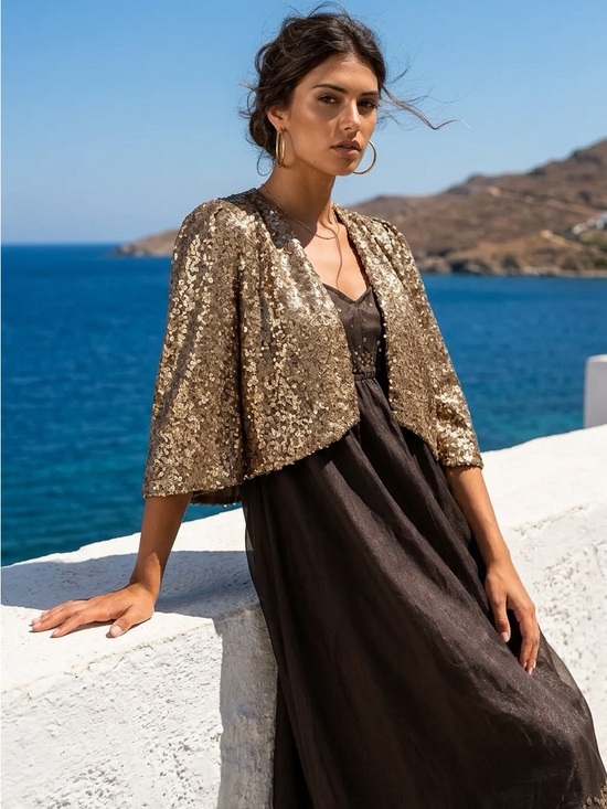 Jackets & Blazers - Gold Sequin Cropped Capelet